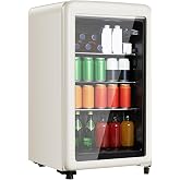 HAILANG 3.2 Cu.Ft Retro Beverage Refrigerator with Glass Door, White | Adjustable Shelving&amp;Adjustable Foot, Thermostat, Mini Fridge with Glass Door for Soda Beer, Home Bar Office Use, LED Light