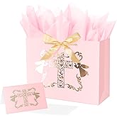 ysmile Baptism Gift Bag with Tissue Paper for Girl Pink Cross Gift Bag for Christenings First Communions Religious 12.6"