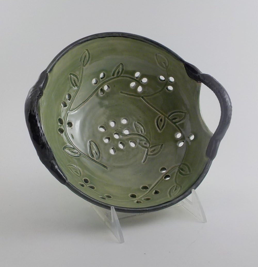 Pierced Fruit Bowl - Handmade Ceramic Centerpiece - Decorative Stoneware - Celadon Green with Black Rim and Handles - Ready to Ship