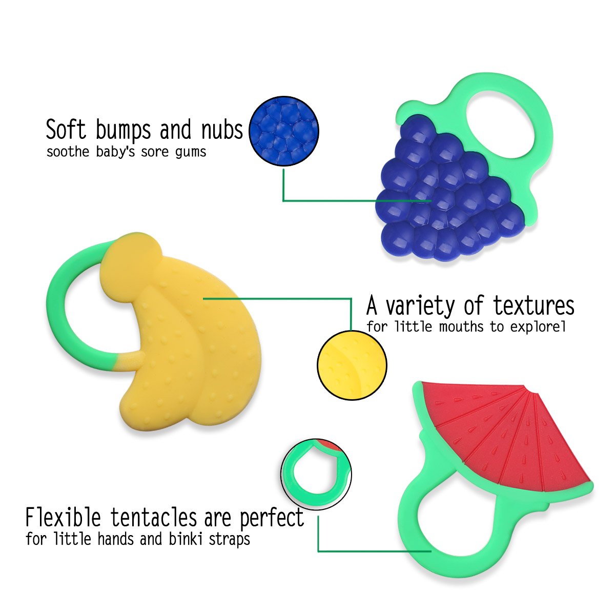 Zakitane Baby Fruit Teether Teething Toys Chewable Silicone Teethers with Rings Infant Toddler Teething Pain Relief BPA Free Set of 3 Watermelon Bananas and Grapes