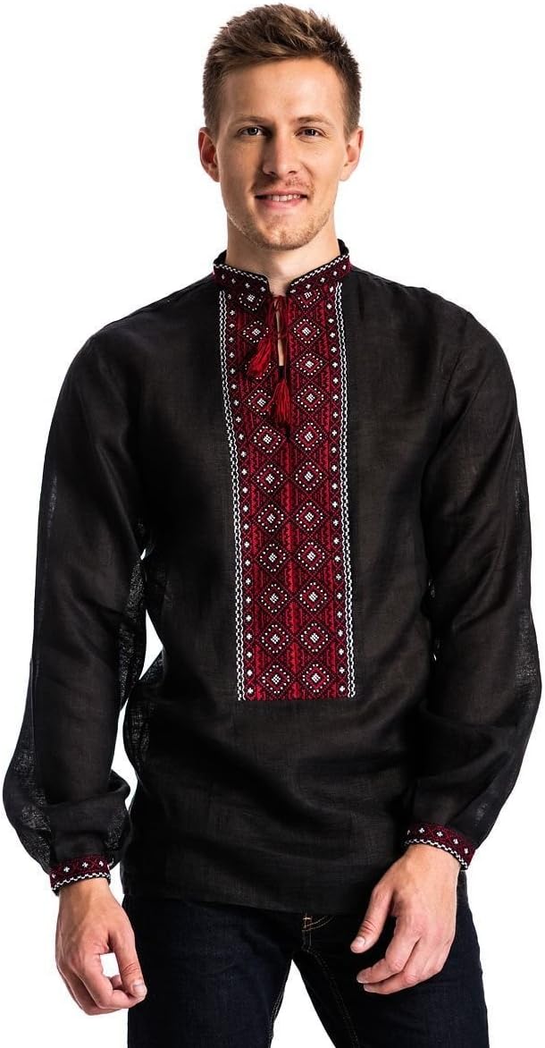 ETNODIM Men`s Embroidered Shirt Ukrainian Ethnic Handmade Linen Shirt Vyshyvanka Red Blue Embroidery