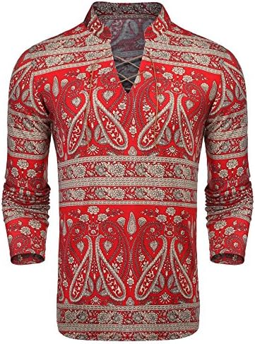 Simbama Mens Paisley Shirt Long Sleeve Slim Fit Casual Cotton Printed Henley Lace up T Shirt