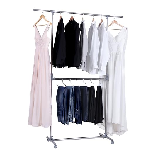 Clothes Rack Adjustable Height Garment Hanging Rail Stand with Middle