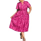 RITERA Plus Size Dresses for Curvy Women Floral V Neck Short Sleeve Party Midi Dress with Pockets XL-5XL
