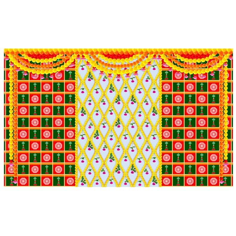 Photo 1 of SATVIK 8x5ft. Fabric Backdrop for Pooja Pujan Décor Marigold Garland Décors Photo Traditional Puja Cloth Backdrop Mehndi Haldi Festival Flower Tulle Curtain Wedding Bridal Baby Shower Wall Banner