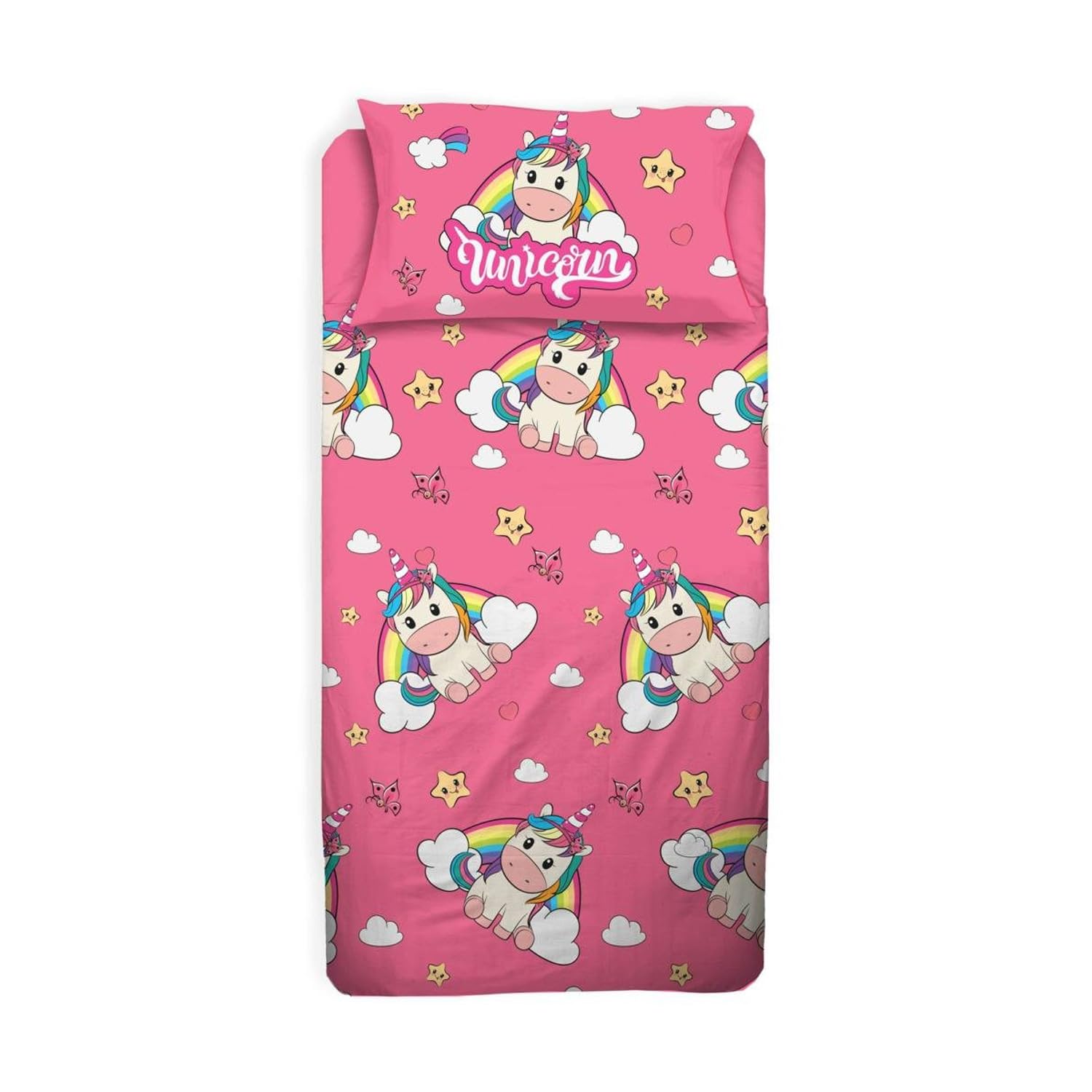 Unicorn Single Bed Sheet for Girls, Complete Bed, Pink, Top Sheet, Fitted Sheet, Pillowcase, 100 Percent Cotton, Bed Sheets for Bedroom