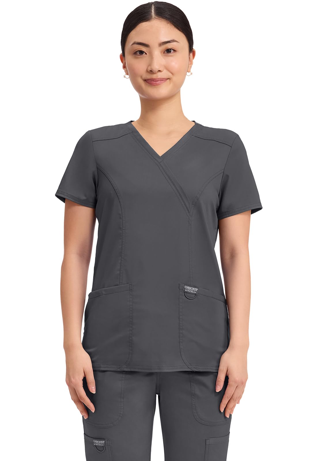 Photo 1 of Cherokee Scrubs Top for Women Mock Wrap with 3 Pockets, Soft, 2-Way Stretch & Durable Fabric Plus Size - WW610, 3XL, Pewter