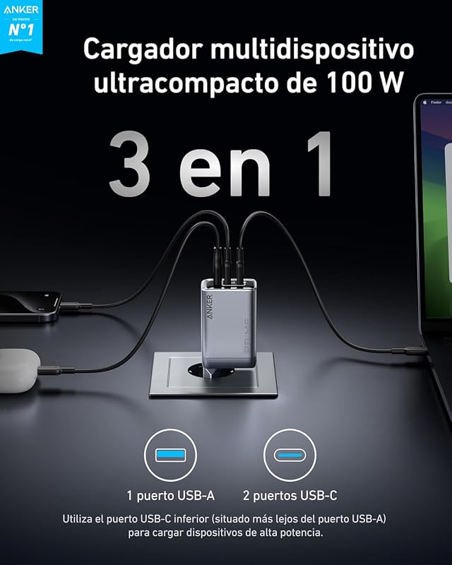 Anker Prime 100W USB C Charger, 100W USB C Charger, Anker 3-Port GAN Wall Charger Dobrável e Compacto, para MacBook, iPad, iPhone 16/15/14/13 Series, Galaxy S24/S23 e mais