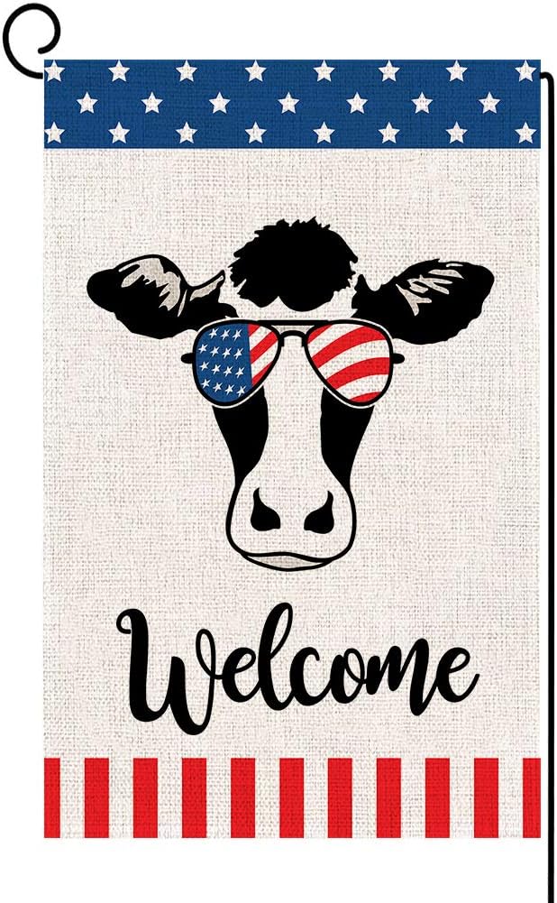 Baccessor Welcome Cow USA Garden Flag Patriotic Strip and Star American Flag, 4th of July Memorial Day Independence Day Burlap Seasonal Yard Flag Outdoor Decoration 12 x 18 Inch (American Cow 2)