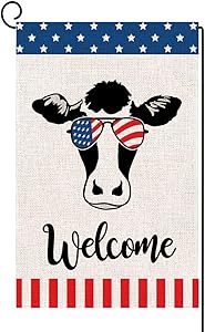 Baccessor Welcome Cow USA Garden Flag Patriotic Strip and Star American Flag, 4th of July Memorial Day Independence Day Burlap Seasonal Yard Flag Outdoor Decoration 12 x 18 Inch (American Cow 2)