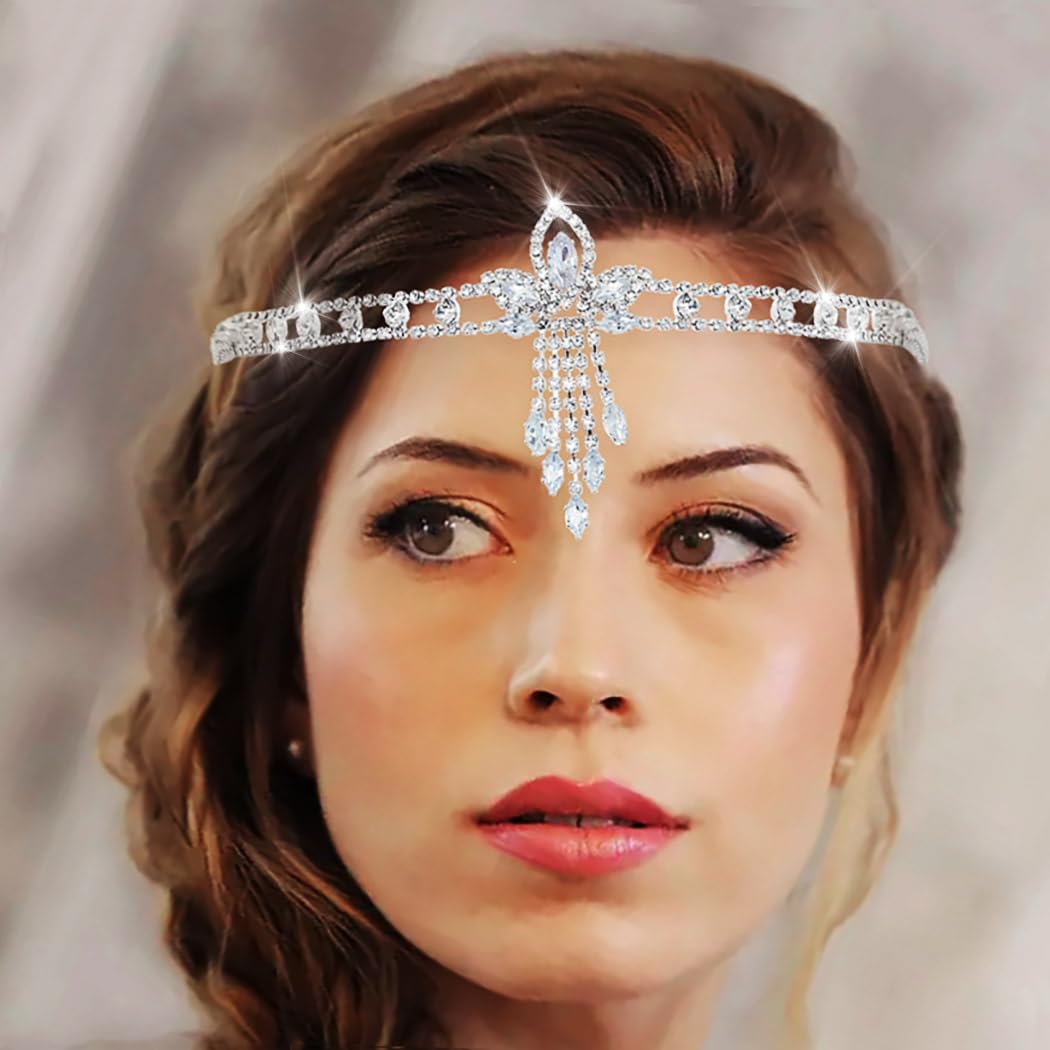 IYOU Boho Rhinestone Headband Silver Crystal Head Chain Vintage Bridal Headpiece Hair Jewelry for Women Gatsby Party