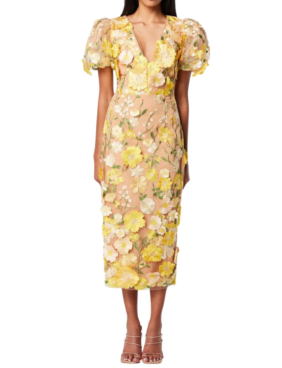 Photo 1 of Women's 3D Floral Embroidery Dress Ruffle Sleeve Fishtail Lace Bodycon Party Cocktail Mini Dress(V-Neck?Yellow,M)