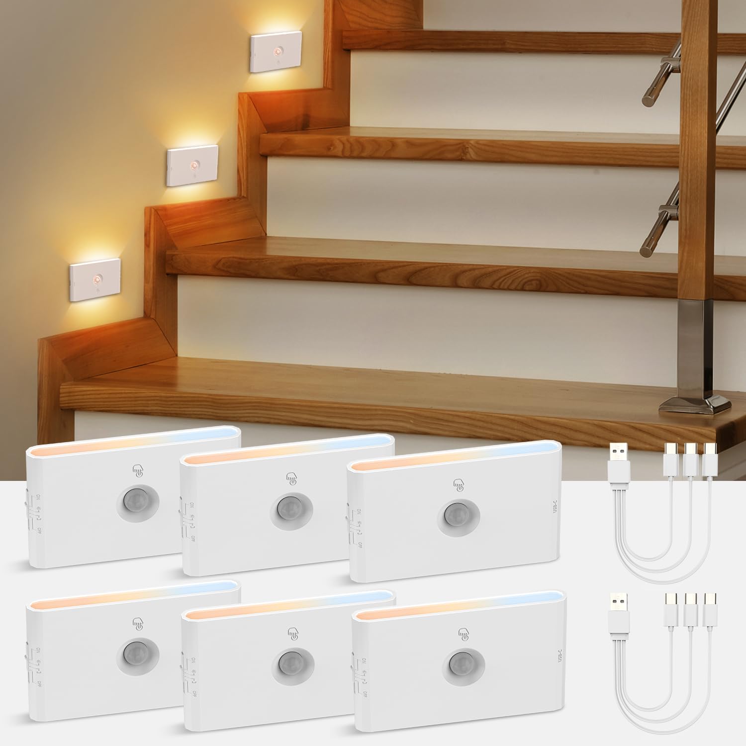 Photo 1 of wowatt Rechargeable Motion Sensor Stair Light, White Night Lights with Magnetic Mount, Dimmable Stair Lights Indoor for Stairway, Hallway, Kitchen, Bathroom(6 Packs)