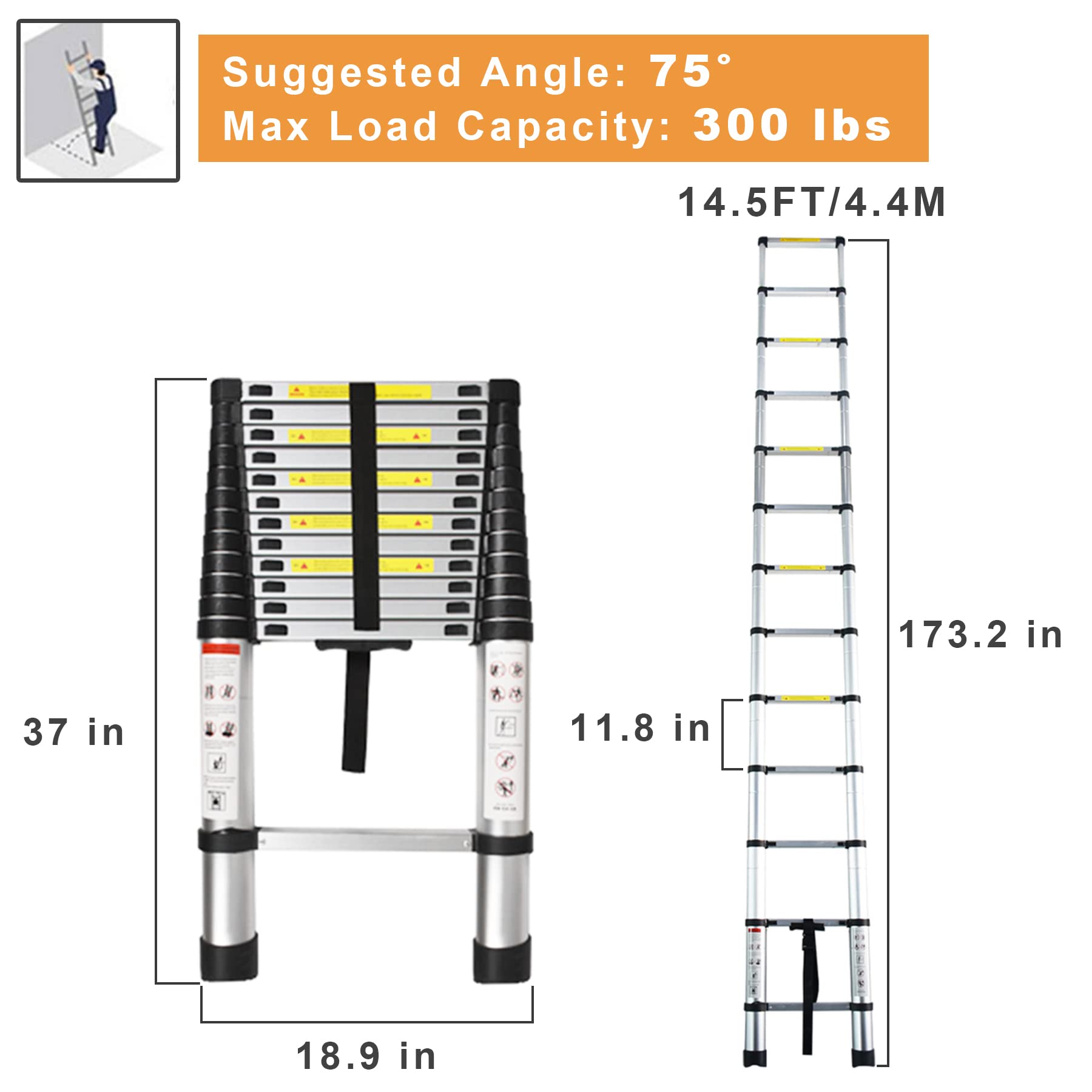 Telescoping Extension Ladder 14.5 FT, Folding Telescopic Aluminum ...