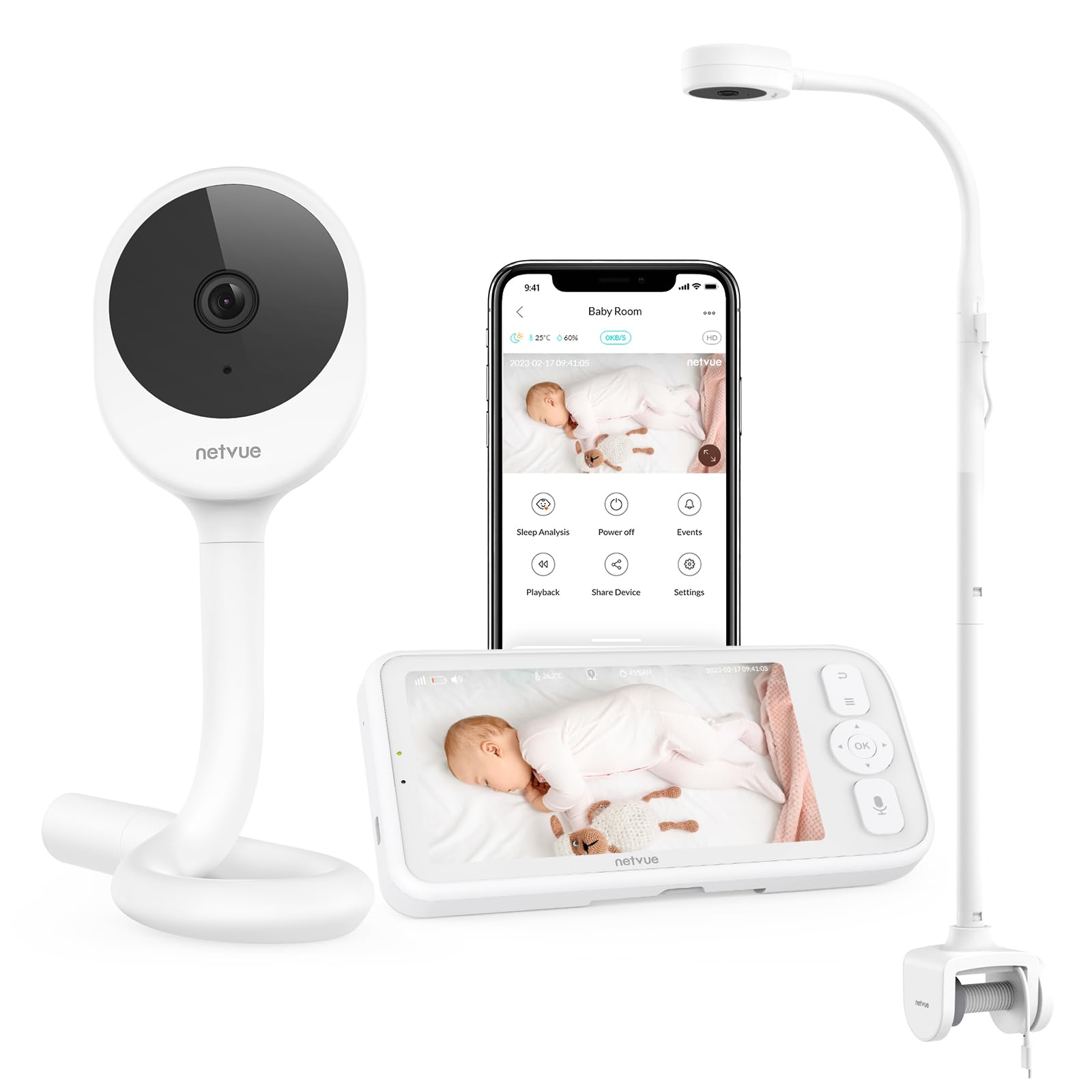 Netvue Baby Monitor with 4 in 1 Holder, 1080P HD Baby Monitor with Camera and Night Vision, 5 inch Smart Video Baby Camera Monitor with App, 2 Way Audio, VOX Mode, Cry Detection, Sleep Analysis