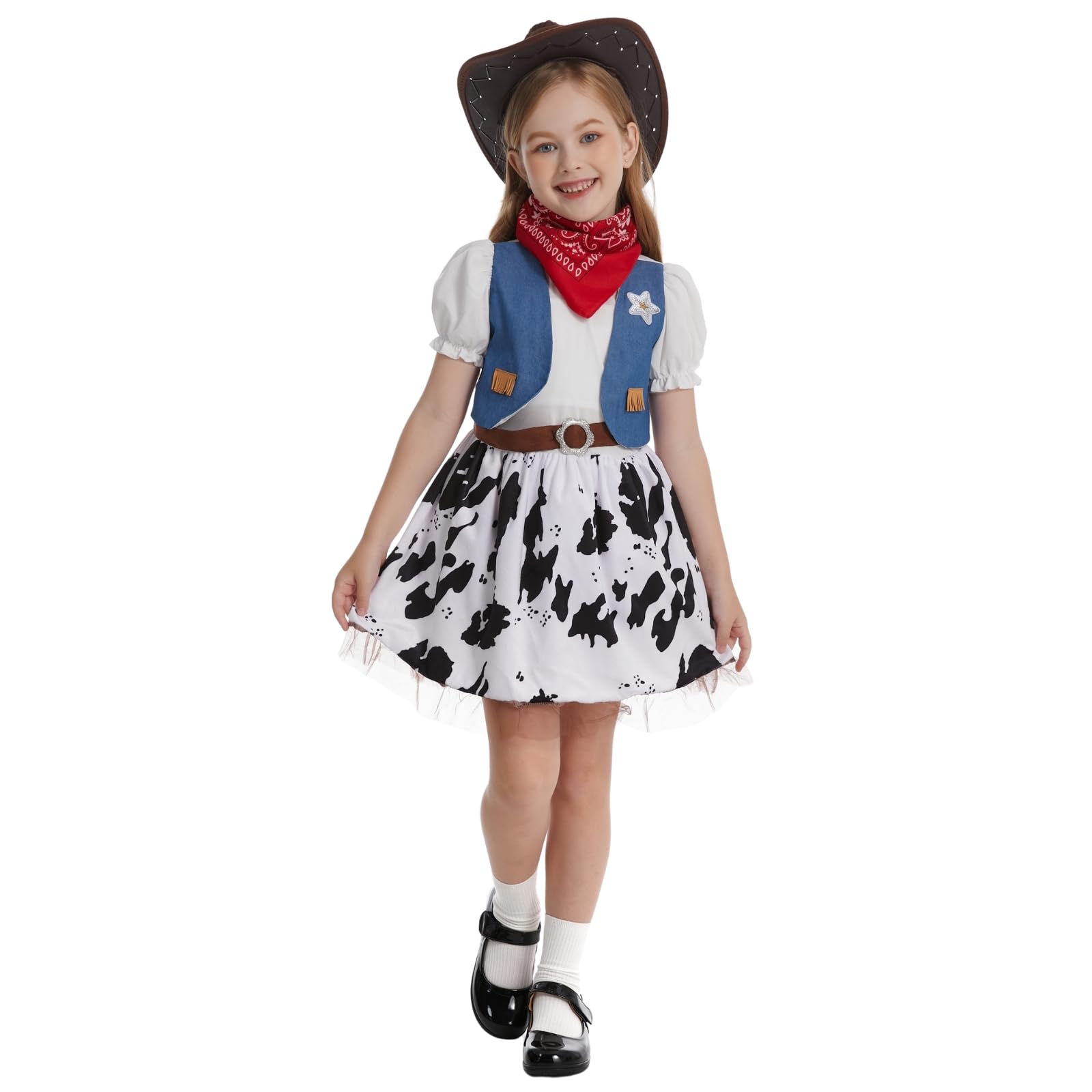 maxToonrain Cowgirl Costume for Girls Funny Holiday Princess Halloween Christmas Party Fancy Dress Outfit (Blue Vest and Red Bandana,11-12 Years)