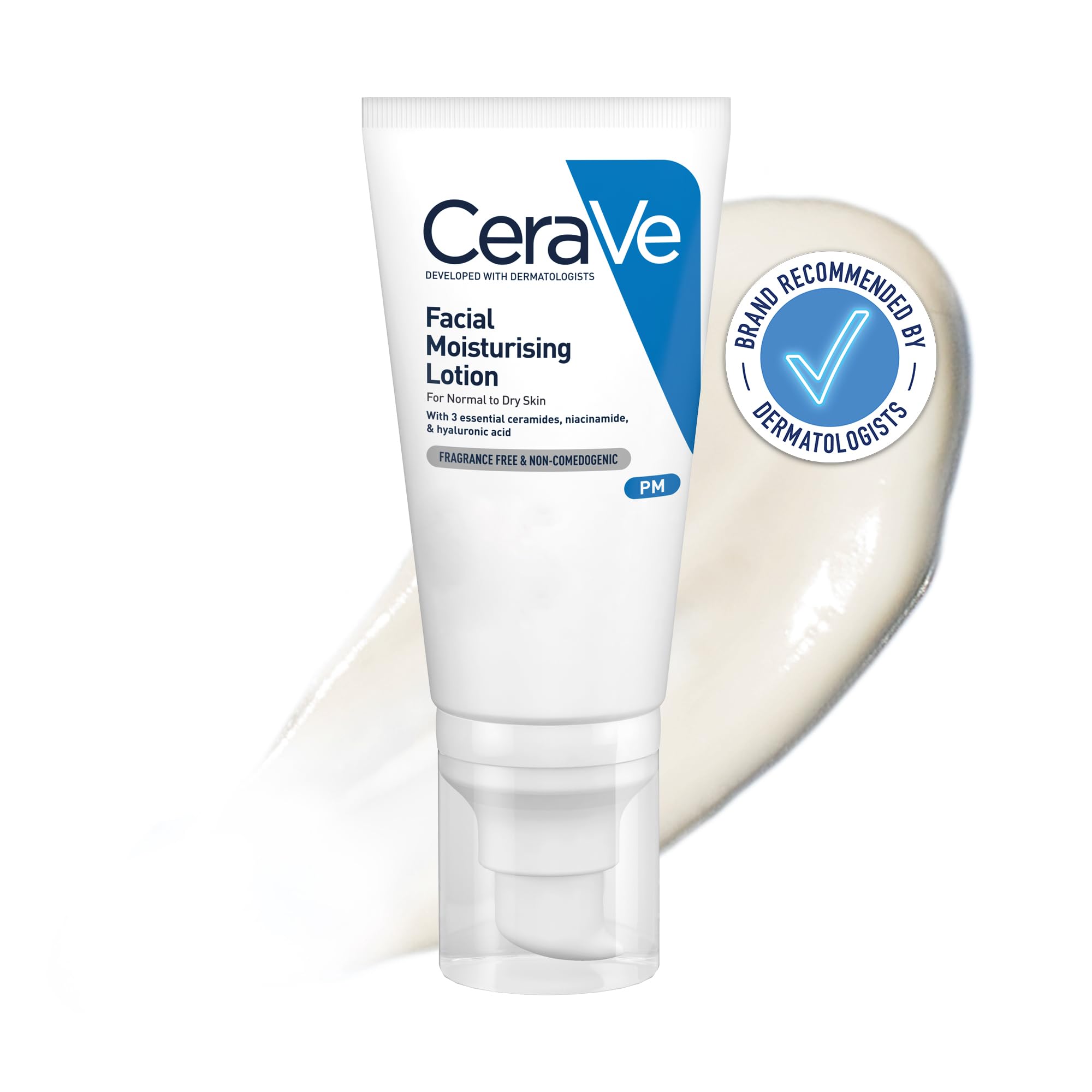CeraVe PM Facial Moisturising Lotion, face moisturiser for all skin types, normal and dry skin, contains Niacinamide, long lasting hydration, contains 3 essential ceramides, moisturiser face, 52ml