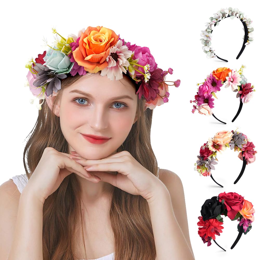 LOPHE Bohemian Wedding Floral Crown Headband with Delicate Artificial Rose Blooms, Elegant Bridal Hair Accessory for Bride Bridesmaids Ceremony, Photoshoot, Mexican Festival and Cosplay Events