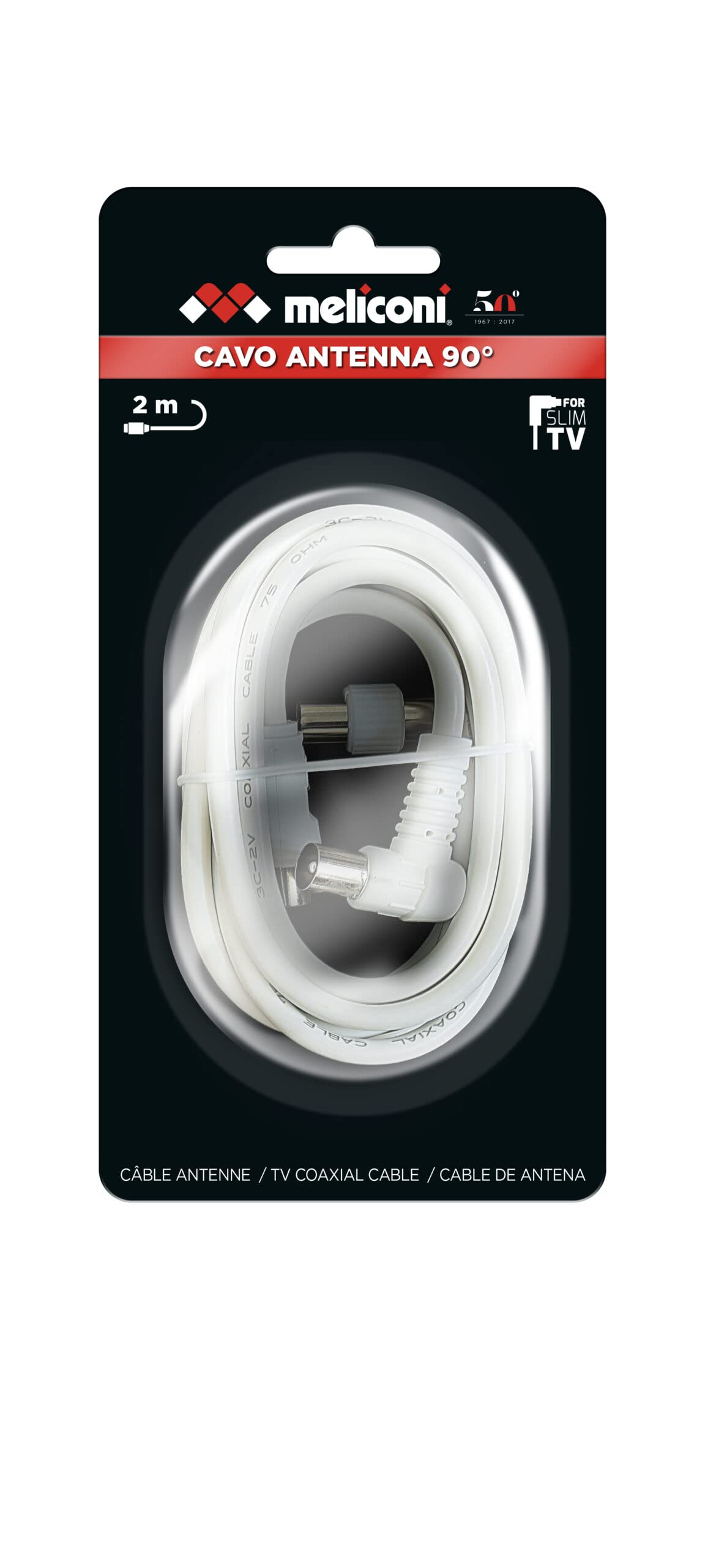 Meliconi Coaxial Aerial Cable Plug 90° Adapter M/M Included 2M