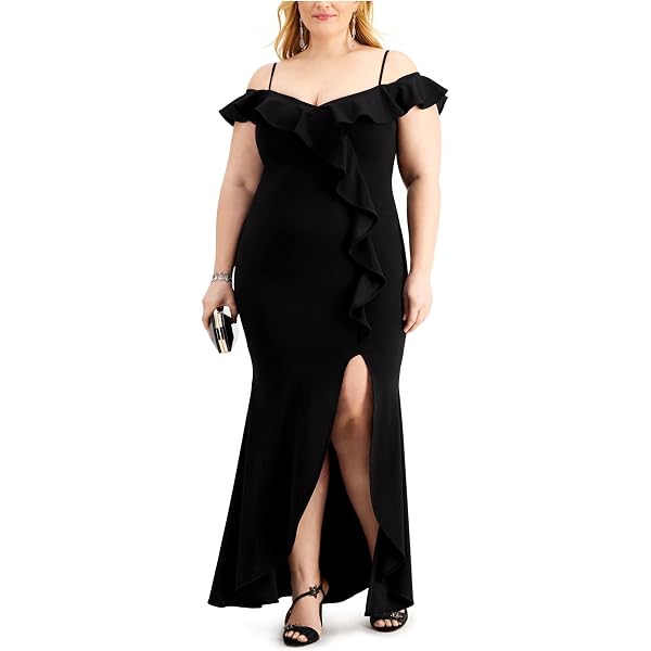 betsy & adam off the shoulder ruffle dress Betsy & Adam Women's Long Off-the-Shoulder Dress - Black