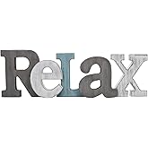 Rustic Wooden Teal Home Sign Decorative Cutout Letters Freestanding Block Word Sign Hanging Ornament Table Shelf Decor (Relax)