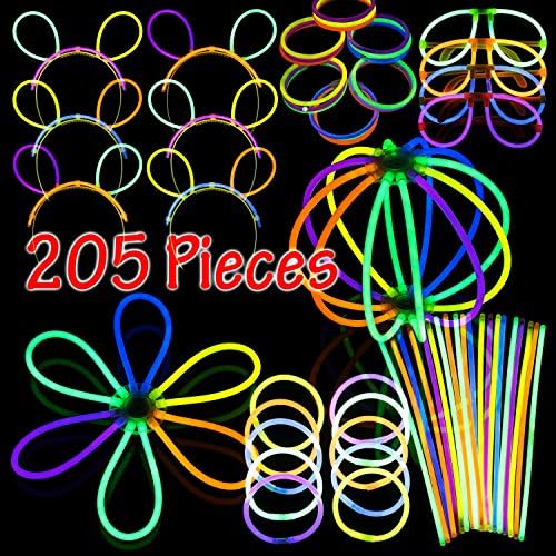 Glow Party Pack- 125 8-inch Glow Sticks- 50 Bracelets - 10 Eyeglasses- 6 Headbands- 6 Triple Bracelet Connectors- 2 Ball Connectors (205 Pieces)l