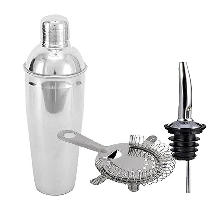 Kitchen Delli 100% Stainless Steel Silver Bar Set Of 3 Pieces | Bar Tools | Bar Accessories Set Of 3 Pieces | Cocktail Shaker | Strainer | Stopper - Ideal For Party Get Together And Gifting