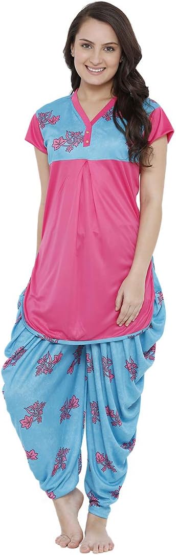 Women's Printed Dhoti Top & Pajama Set/Patiala Salwar Set for Women/Girls Fancy Round Neck Herum Night Suit (Free Size - Large - 34", X- Large - 38" XXL - 42"