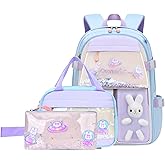 VIDOSCLA 3Pcs Bunny Backpack for Girls Kawaii Kids Backpack Girls Backpack with Lunch Box Set-3Pcs Blue L
