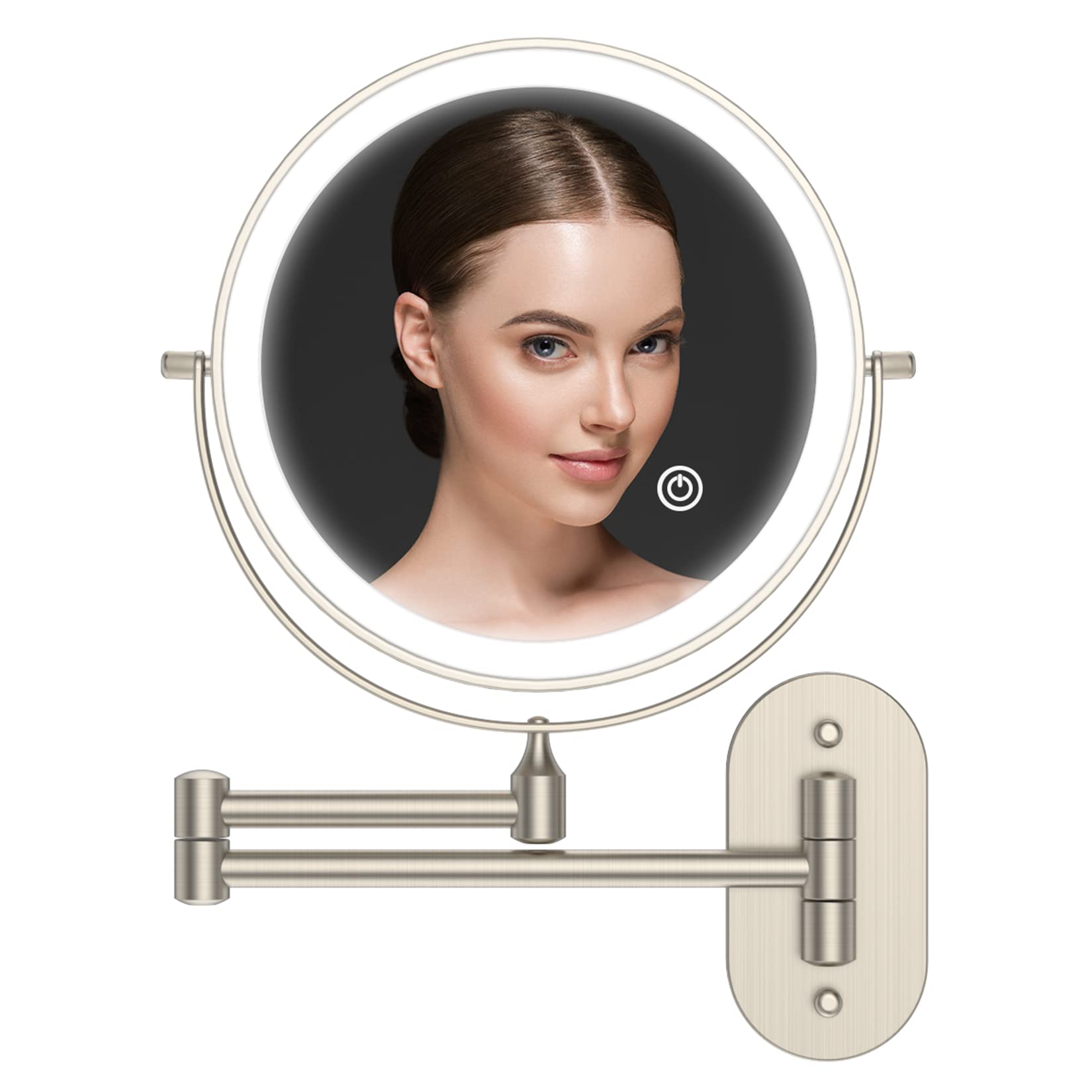 alvorog 8'' Wall Mounted Makeup Mirror, Upgrade Auto Off LED Makeup Mirror, Shaving Mirror With 1X/5X Magnification Double Side, 360 Rotating Mirror Powered by 4 x AAA Batteries (nickel)