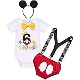 Baby Boy 1/2 Half Birthday Cake Smash Outfit Romper+Diaper Cover+Suspenders+Mouse Headband 4pcs Set Photo Shoot