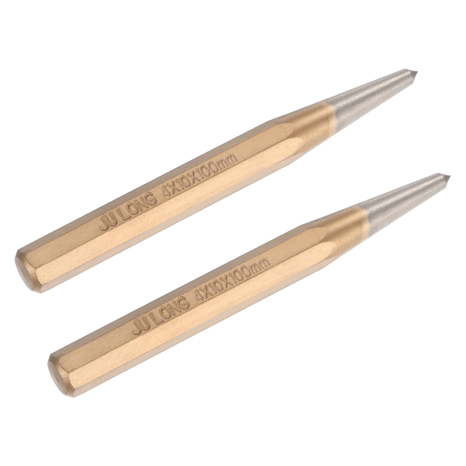 M METERXITY 2-Pack Center Punch 4mm Shank Point, 10x100mm Alloy Steel Center Punch Tool, Impact Resistant Metal Punch Center for Mark/Drilling/Punching/Scribing/Locator/Starting Nail [Golden]