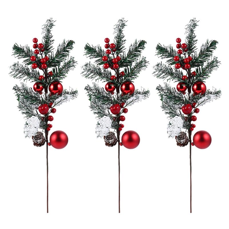 Happyyami Christmas Red Berry Picks 3Pcs Artificial Floral Stems Fake Holly Berry Picks Ornament For Holiday Xmas Tree Vase DIY Wreath Garland Crafts Home Decor