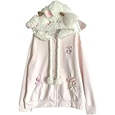 Lunoakvo Women Kawaii Zip Up Hoodie Girls Cute Sheep Cartoon Embroidery Harajuku Long Sleeve Hooded Pullover Sweatshirt