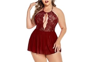 BORNIU Women Plus Size Lingerie Lace Chemise Sexy Mesh Sleepwear Halter Deep V Teddy Babydoll Nightdress for Sex Naughty Play