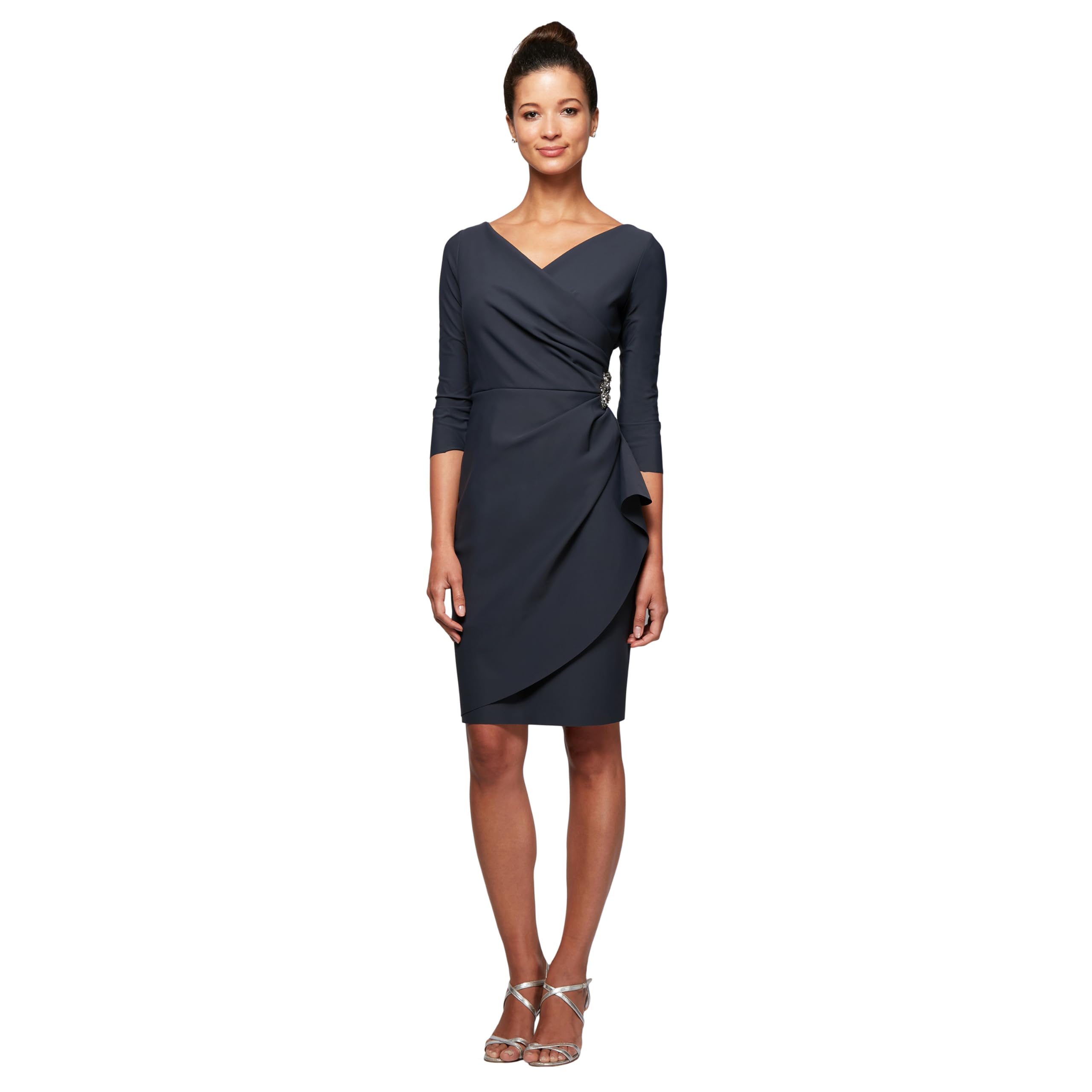 Alex Evenings Women’s Slimming Short Sheath 3/4 Sleeve Cocktail Dress, Wedding Guest,(Petite and Regular Sizes), Charcoal, 14
