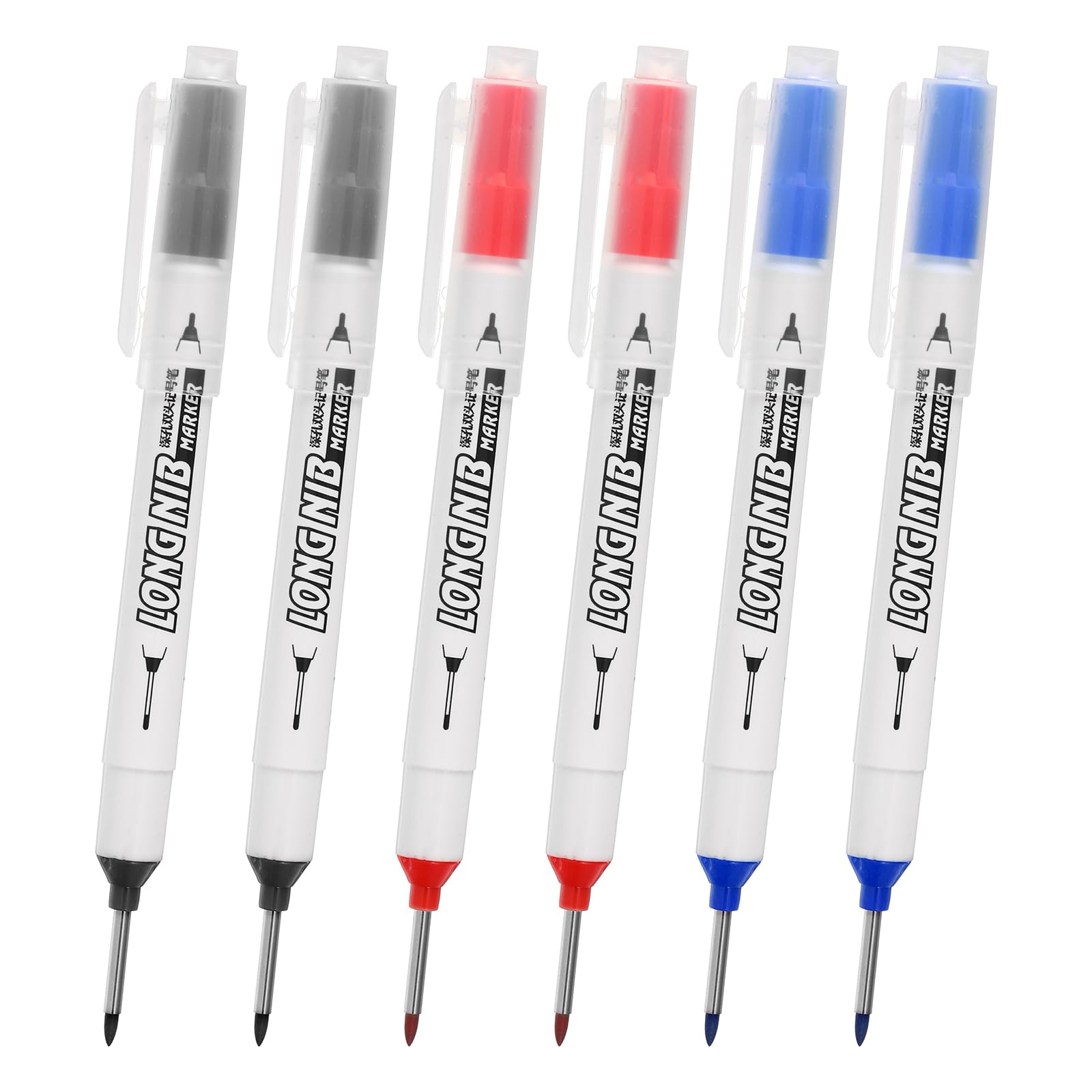 PATIKIL Deep Hole Marker Pens, 6Pcs Ink Waterproof Deep Reach Markers 20mm/0.79 Inch double-headed Long Nose Marker Scriber Pen for Woodworking Builders, Black, Red, Blue