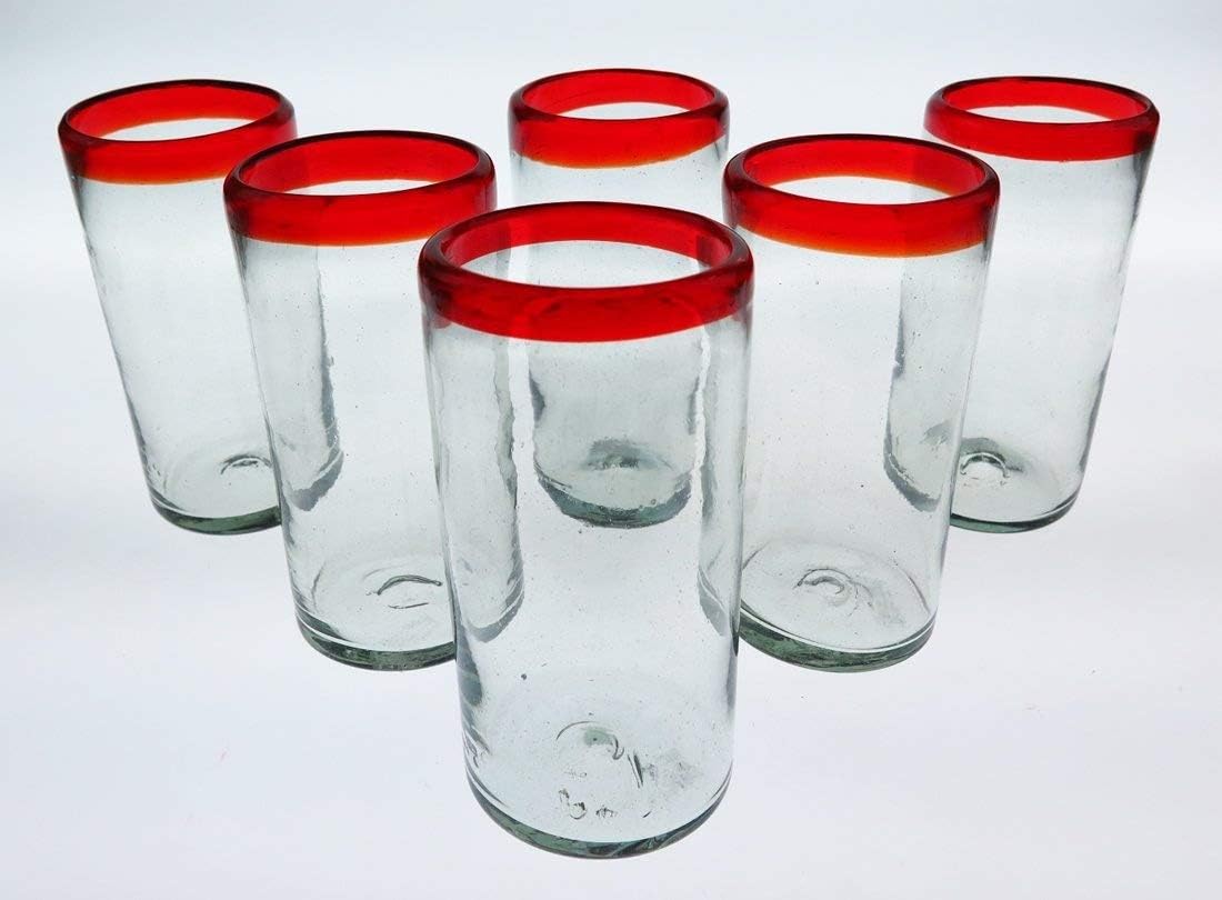 Mexican Glass Red Rim, Hand Blown, 20 Oz, set of 6