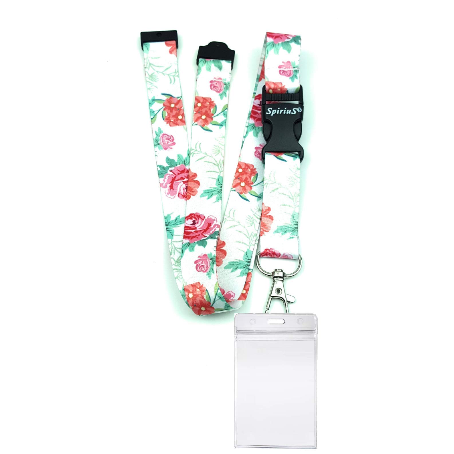 SpiriuS Lanyard Neck Strap with Metal Clip & Safe Zip-Lock Waterproof Id Badge Card Holder (Flowers red Green)