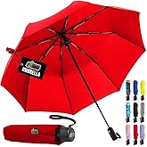 GORILLA GRIP Strong Windproof Stick Compact Umbrella for Rain, One-Click Automatic Open and Close, Durable Quick Dry Waterproof Material, Lightweight and Portable, Travel Size Fits Backpack, Red