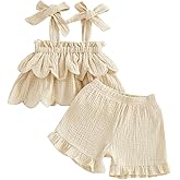 BeQeuewll Toddler Baby Girl Clothes Summer Linen Outfit Sleeveless Tie Up Tank Tops+Ruffled Shorts Little Girls 2 Pieces