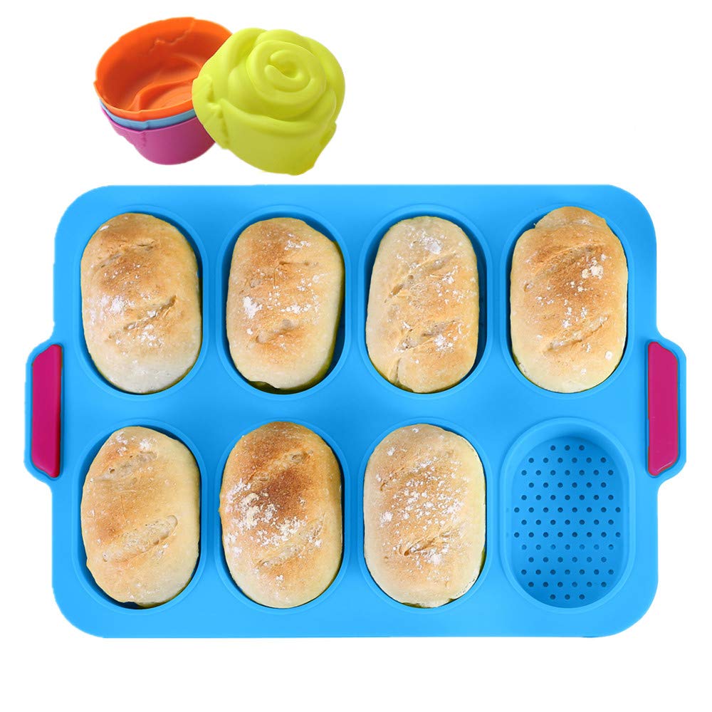KeepingcooX Small Baguette Baking Tray, Non-Stick Silicone Loaf French Bread Baking Pan, Perforated Bottom Making Crispy Crusts, Dishwasher Safe Baguettes Mold (8-Cavity)