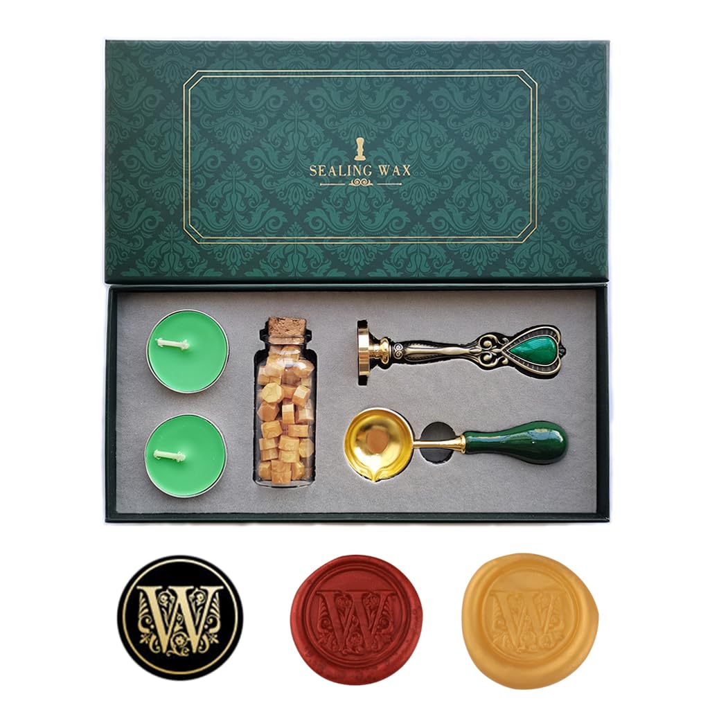 Fancy Letters W Wax Seal Stamp Set, AMTOL European style Seal Wax Stamp Kit Gift Box Set, Vintage Personalized Seal Stamp for Letter Cards Invitations(W)