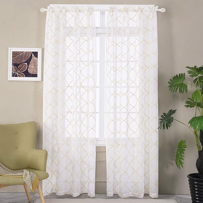 Embroidered Moroccan Tile Lattice Design Gold Sheer