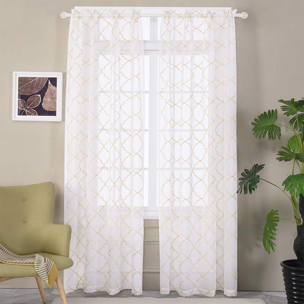 MYSTIC-HOME Embroidered Moroccan Tile Lattice Design Gold Sheer Curtains 84 Inch Long, Rod Pocket Sheer Drapes Bedroom, 2 Panels, Semi Voile Window Treatments, Trellis Beige, 52" Wx84 L