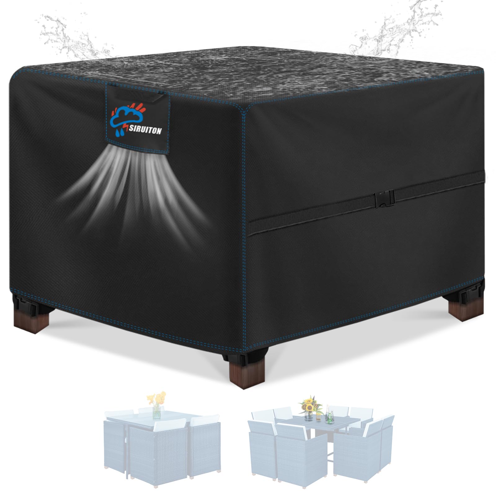 SIRUITON 150x150x74cm Cube Garden Furniture Cover, Rattan Cube Set Covers Waterproof, Heavy Duty 420D Oxford Fabric Patio Garden Table Cover with Air Vent, Square Black