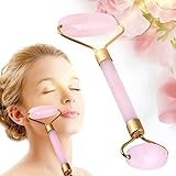 Natural Rose Quartz Jade Stone Roller for Face Massage Neck Beauty with Double Roller,Anti-Aging Beauty Skincare Tool to Rejuvenate Facial Skin and Anti-Wrinkle Massager for Face Eyes Neck (Pink-gold)