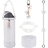 Water Bottle Accessories Set for Owala FreeSip 24oz、32 oz– Includes Pearl Handle Strap, Bow Charms,2.9in .3inch Silicone Bling Boot for Owala Accessories for Women