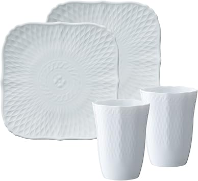 Amazon Co Jp Noritake ノリタケ スクエア プレート タンブラー ペアセット プレート 15cm タンブラー 300cc シェール ブラン 電子レンジ対応 食洗機対応 4個 ファインポーセレン プレミアムホワイト P946 P941 1655 4 ホーム キッチン
