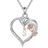 Initial Necklaces for Women Sterling Silver Initial Necklace Heart Rose Flower Letter Pendant Jewelry for Mom Grandmother Her Wife Girlfriend Birthday Christmas Gifts